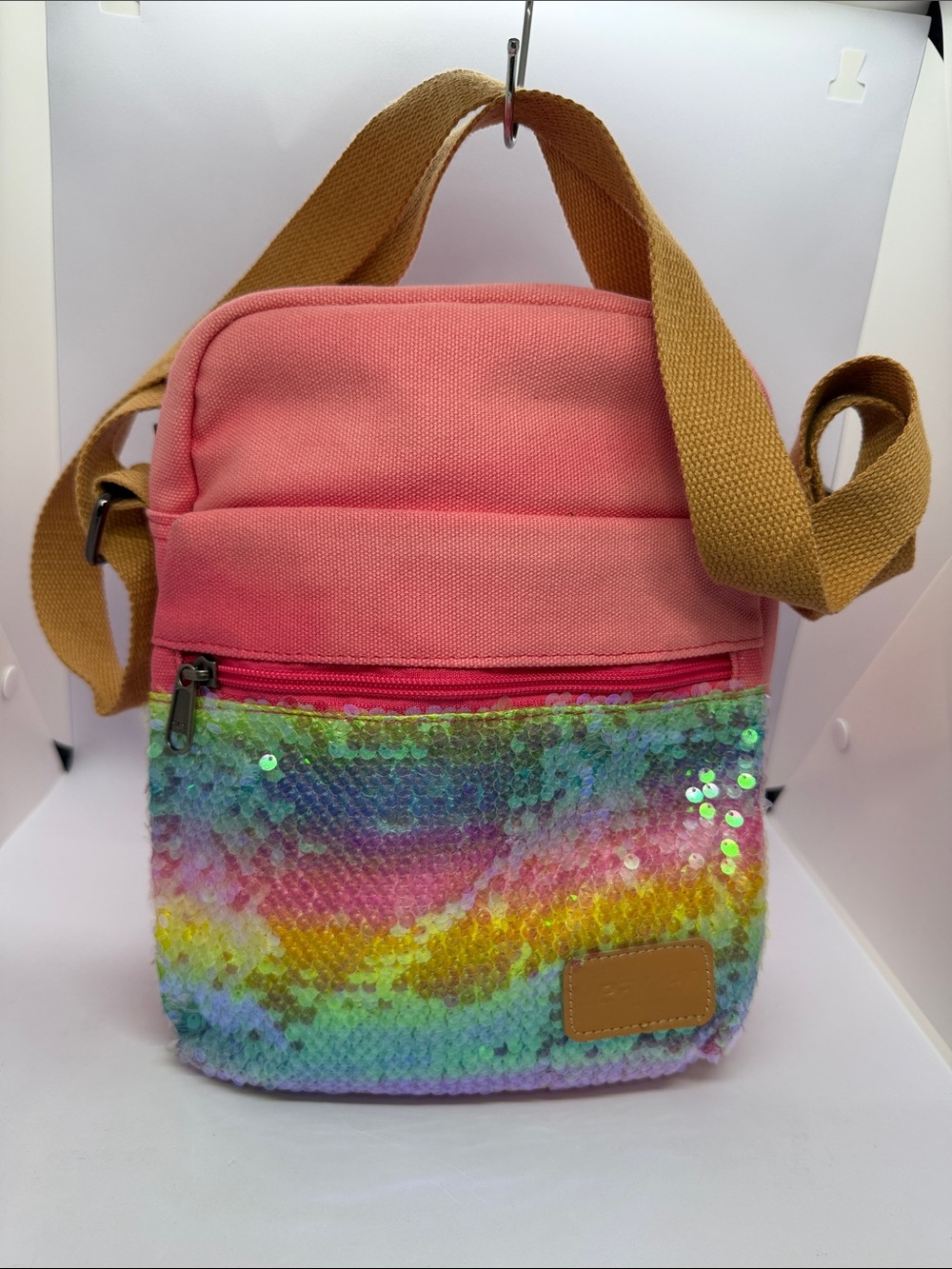 Pink Sequin Crossbody Bag with Rainbow Sequin Front